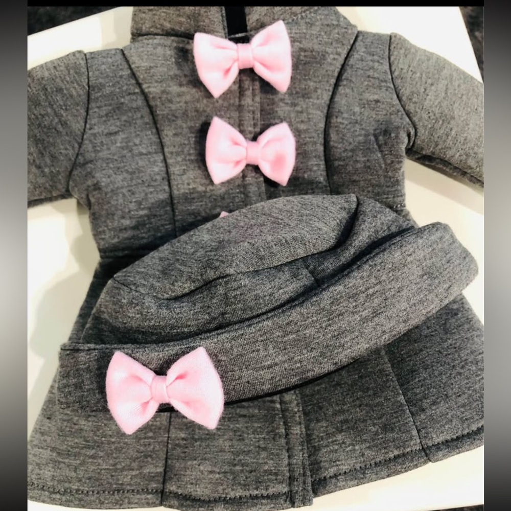 Doll Gray Coat & Hat Set with Pink Bows
